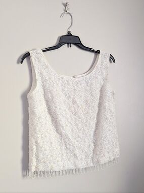 60s Vintage Everfit Co. Ivory Pearl Beaded Shell Cocktail Top with Fringe